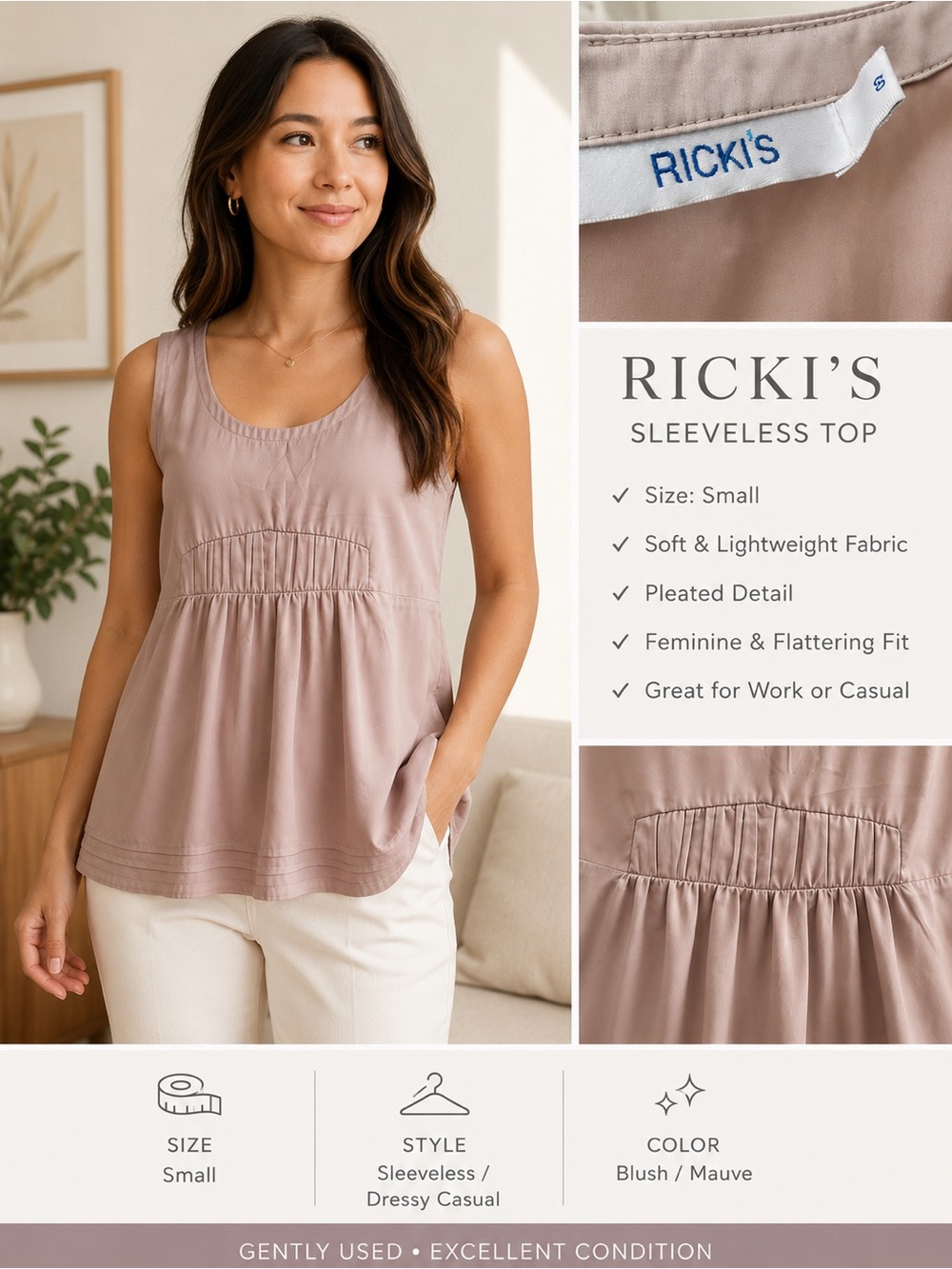 Ricki's Blush Sleeveless Pleated Top - Size 8